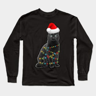 Black Cat christmas light tshirt funny cat lover christmas Long Sleeve T-Shirt